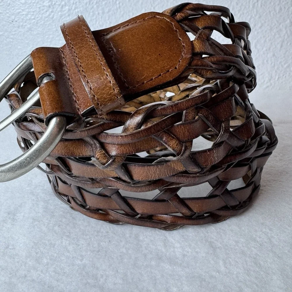 Vintage Faded Glory Woven Leather Belt 2X Silver Tine Buckle Brown Bohemian Y2K